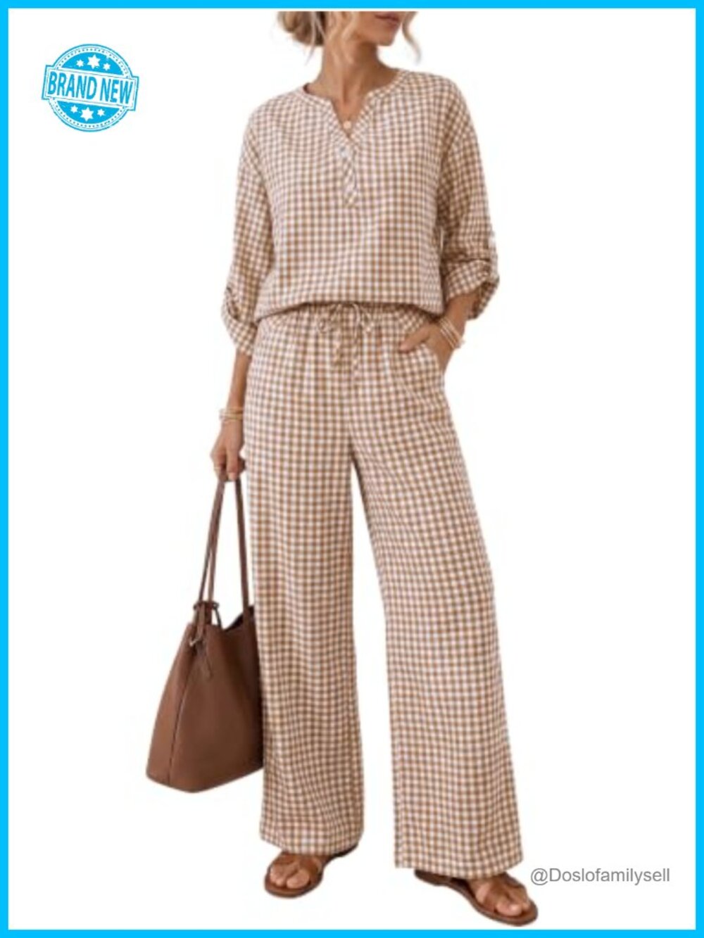 Womens 100% Cotton 2 Piece Pant Set Gingham V-Neck Button Casual Fall